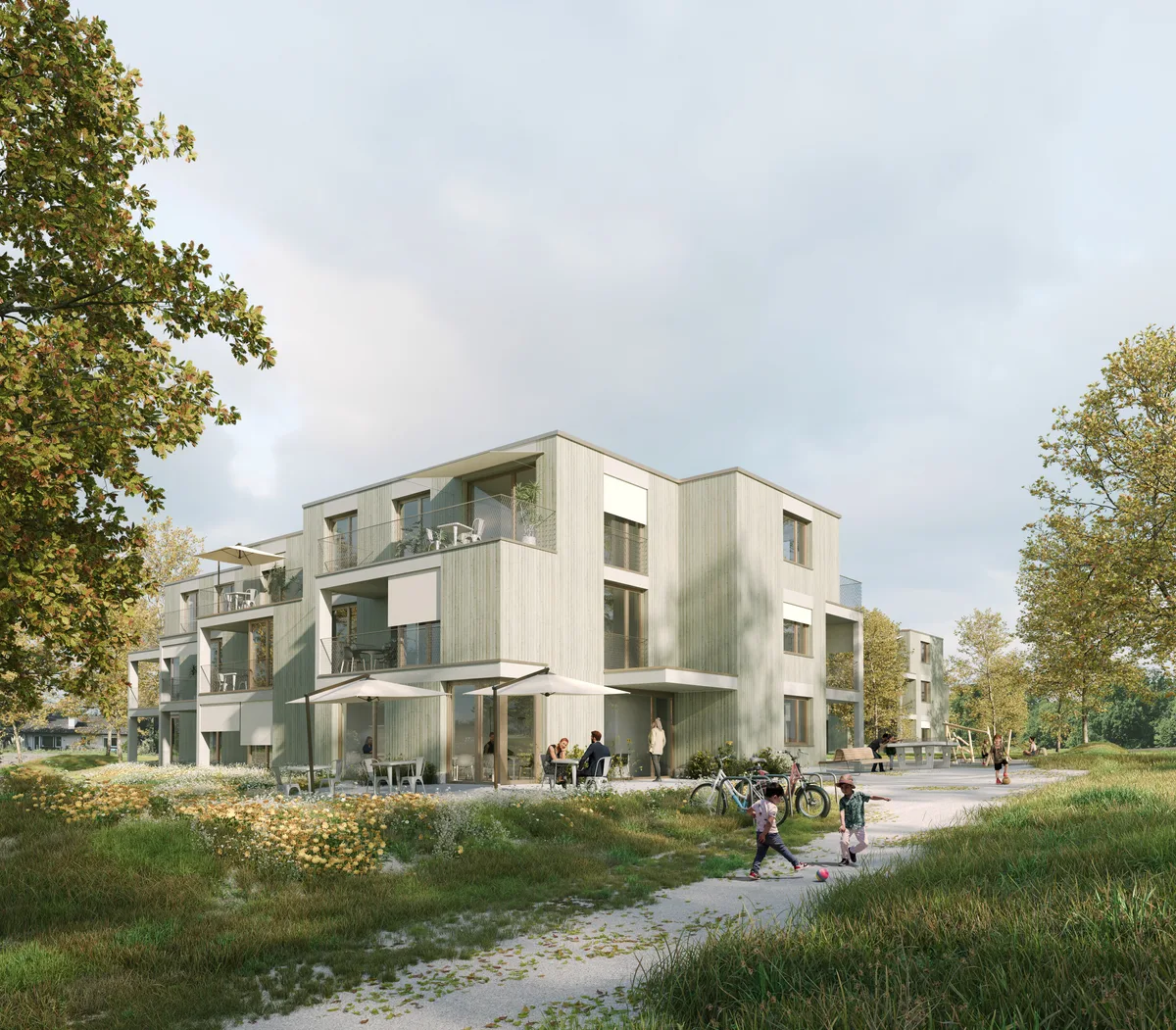 Visualisierung  der Überbauung Altersdurchmischtes Wohnen im Ortsteil Sack von Seegräben.